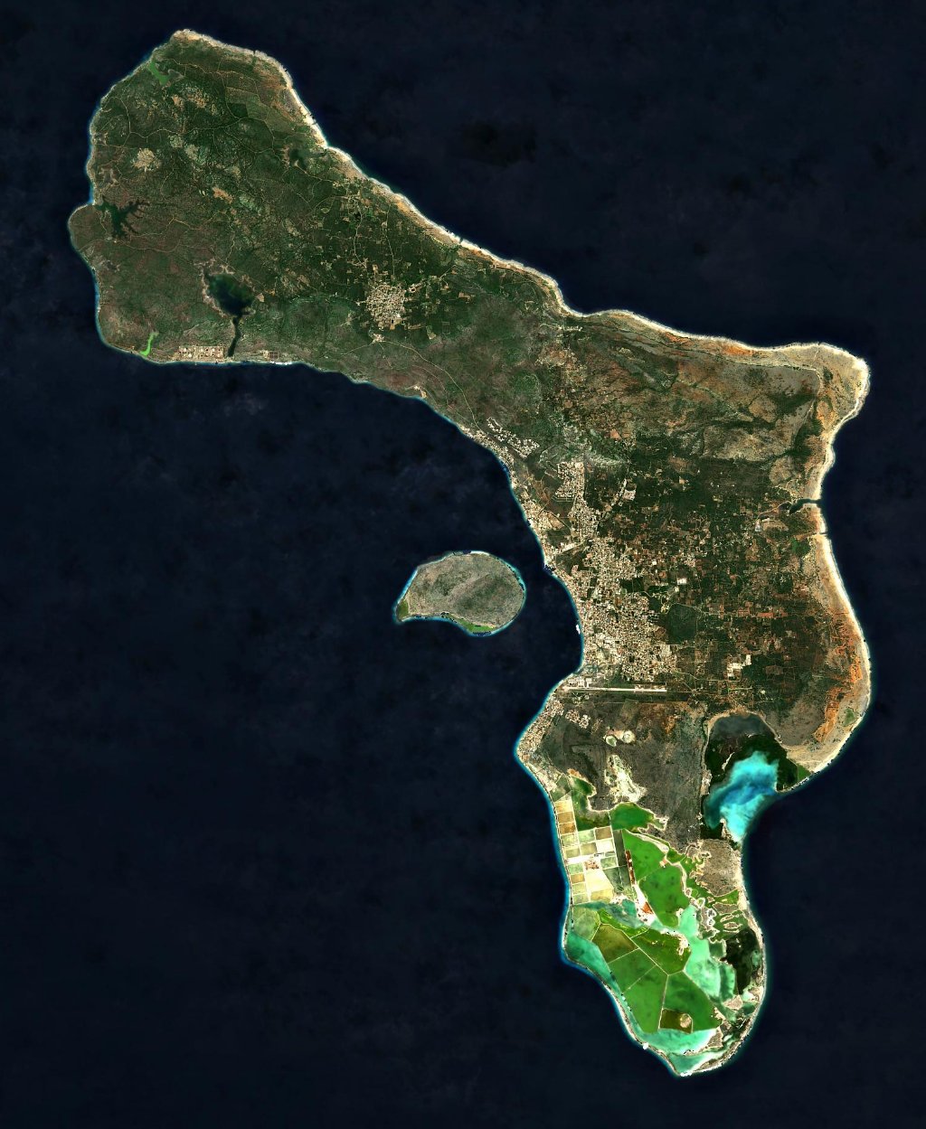 Satellietmozaïek van Bonaire en Klein Bonaire, met aanklikbare punten voor Rincon, Playa/Kralendijk, Amboina en Klein Bonaire